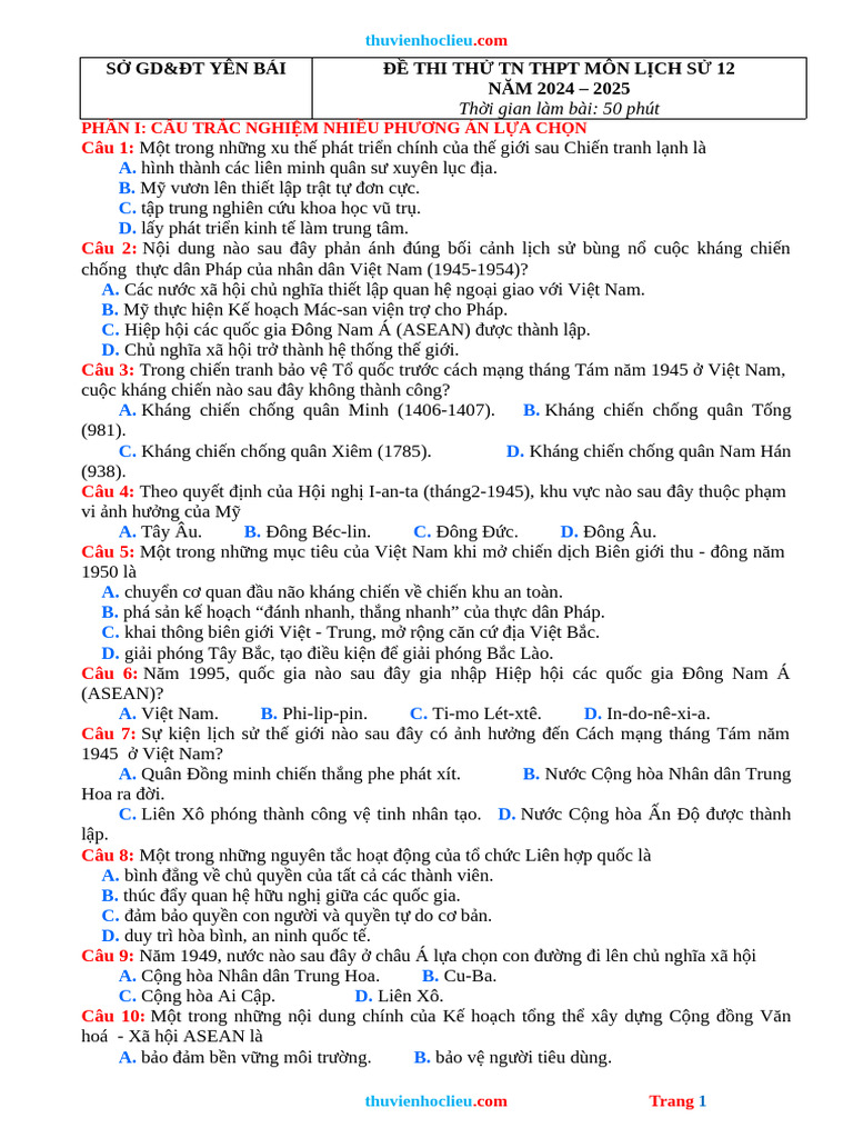 De Thi Thu TN THPT 2025 Lich Su So GD Yen Bai | PDF
