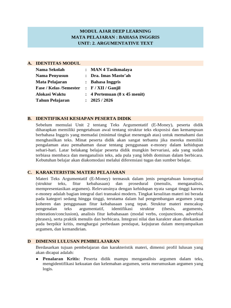 Modul Ajar Teks Argumentatif E-Money | PDF