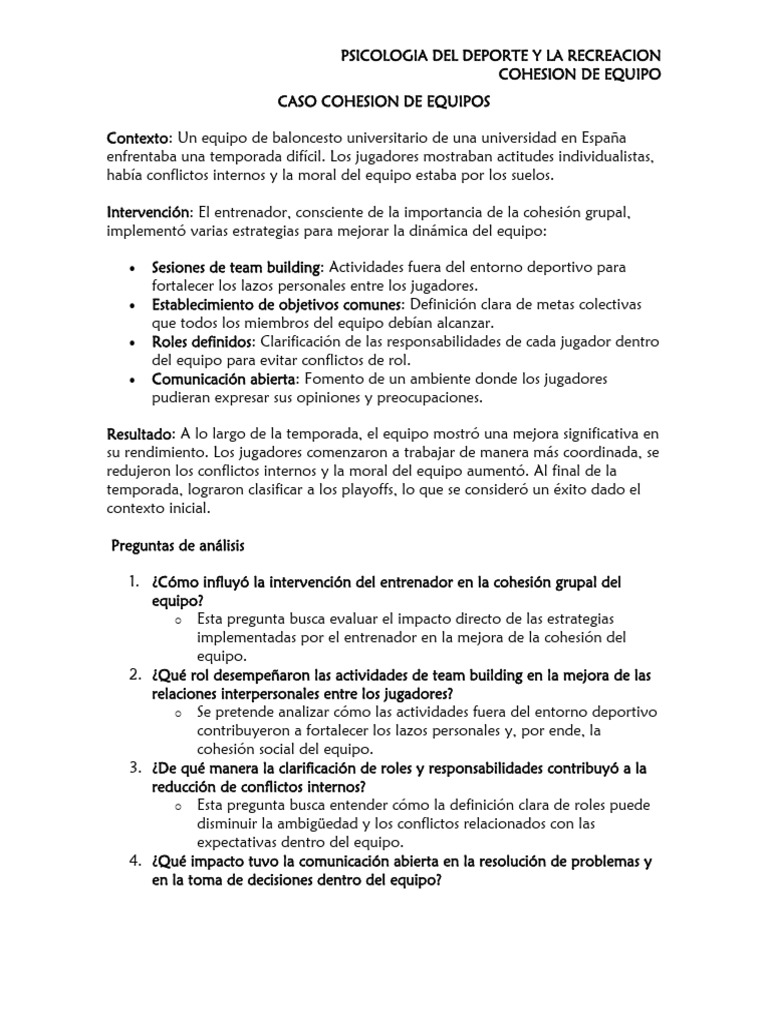 Mejora de la Cohesión en Equipos de Baloncesto | PDF | Cohesión grupal ...