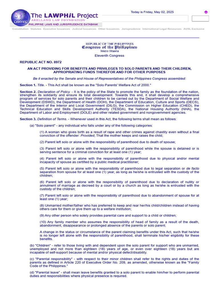 R.A. 8972 Solo Parents Welfare Act | PDF | Employment | Annulment