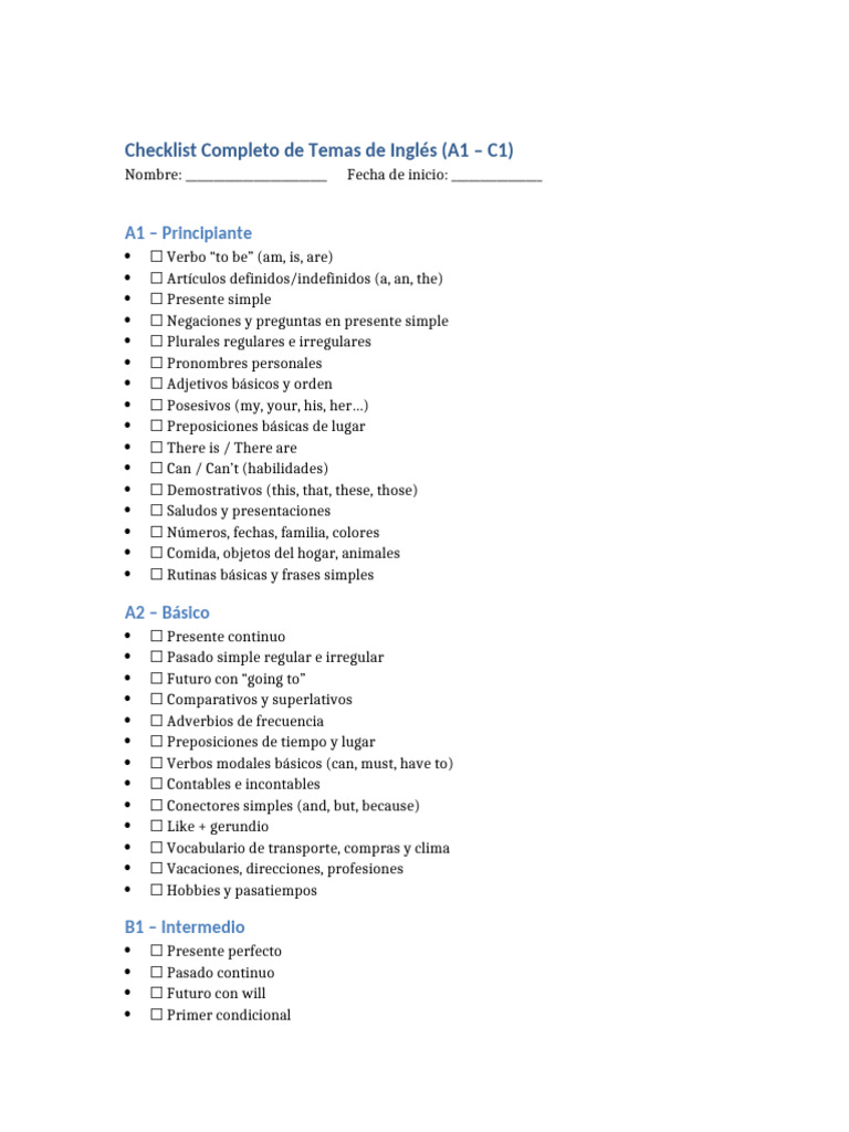 Checklist Completo Ingles A1 A C1 Ampliado-1 | PDF | Morfología ...