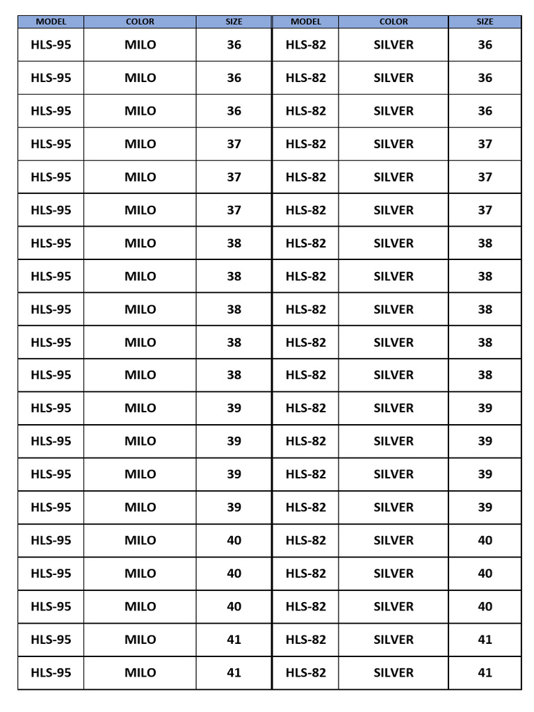 HLS Model Color and Size Chart | PDF