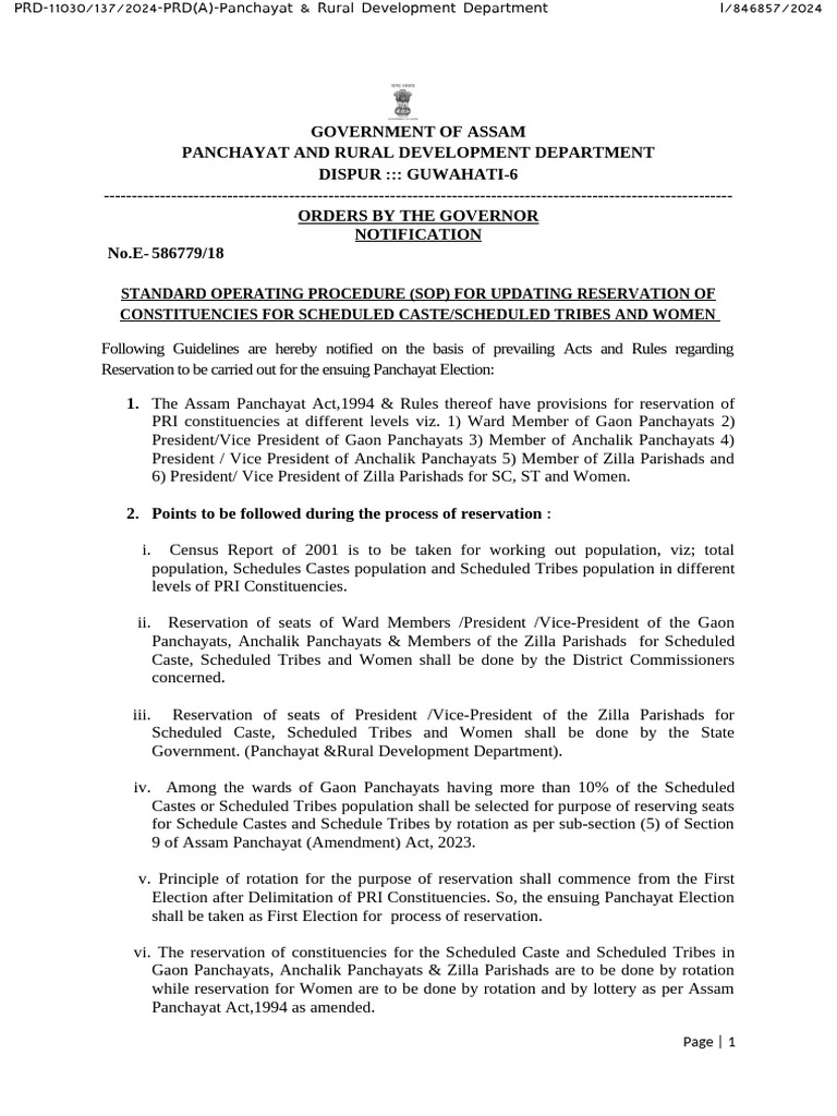 Assam Panchayat Reservation SOP | PDF | Government Of India | Government
