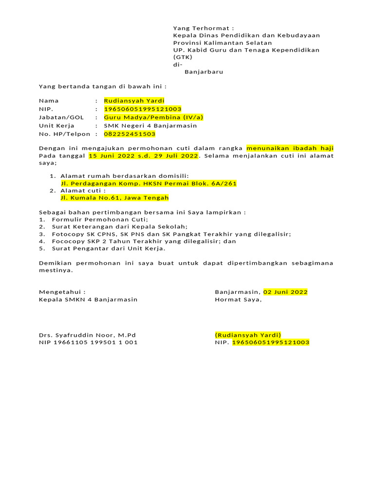 Contoh Surat Cuti Pdf