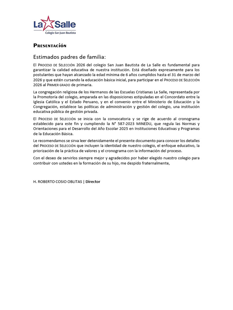 Proceso de Selección 2026 en La Salle | PDF