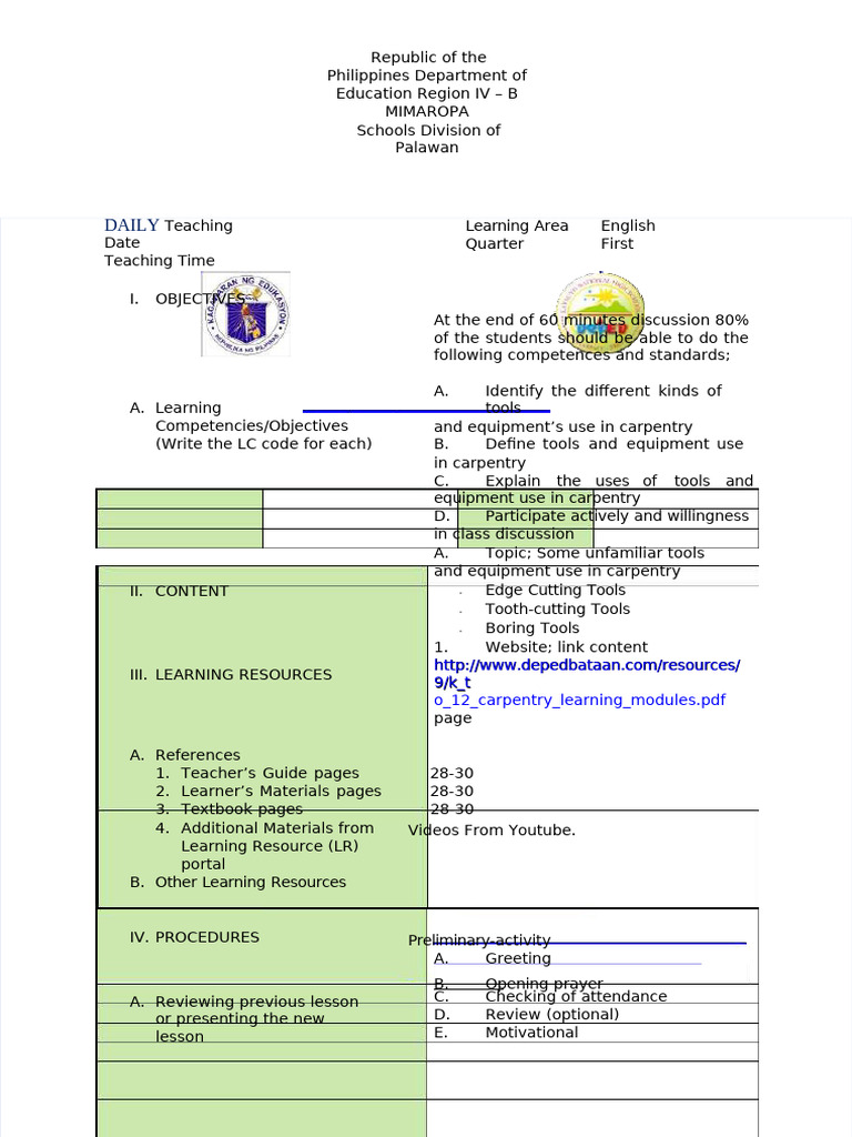 Carpentry Tools and Equipment Lesson Plan | PDF | Tools