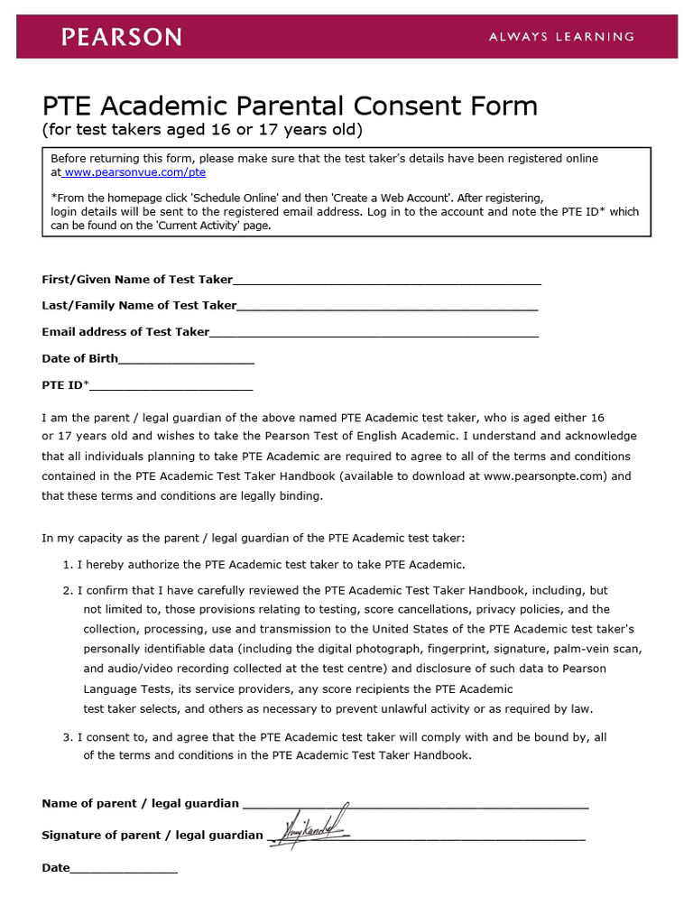 PTE Academic Consent Form for Minors | PDF