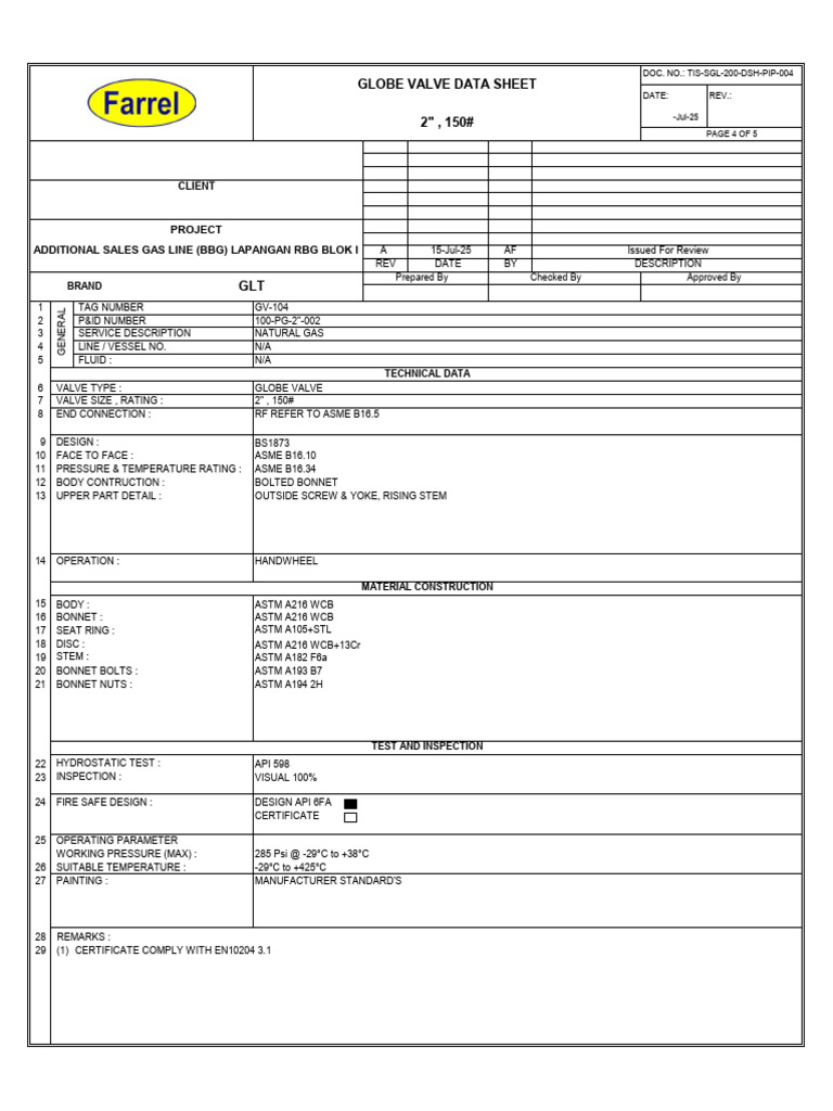 Globe Valve Data Sheet for TIS Petroleum | PDF | Valve | Mechanical ...