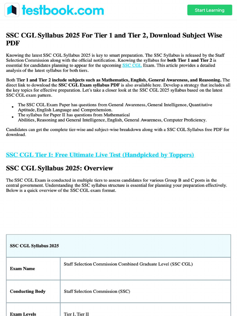 SSC CGL Syllabus 2025 For Tier 1 and Tier 2, Download Subject Wise PDF ...