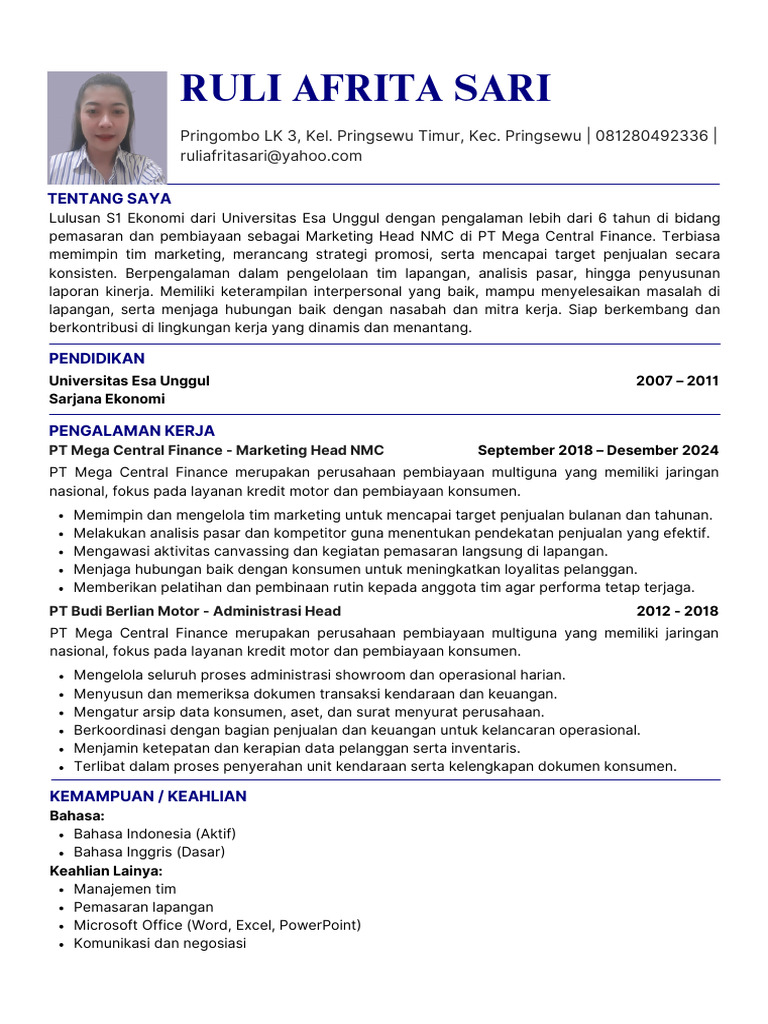 Profil Ruli Afrita Sari: Marketing Head | PDF