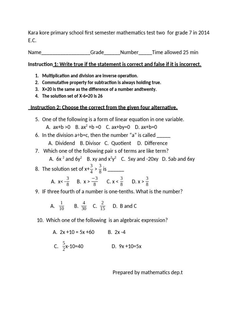 Grade 7 Math Test - Semester 1 | PDF