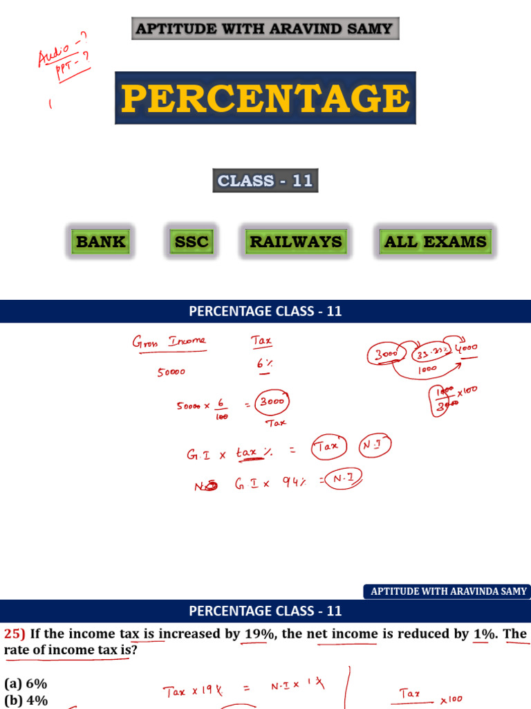 Class 11 Percentage Aptitude Questions | PDF