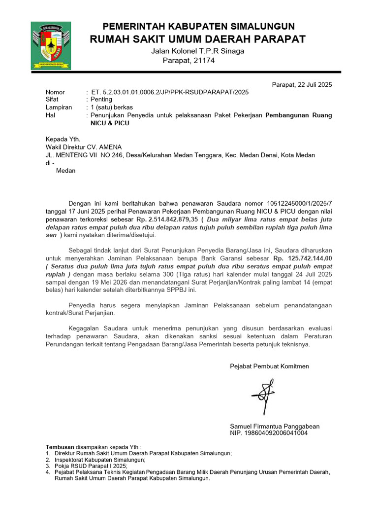 Surat SPPBJ Pembangunan Ruang Nicu & Picu Rsud Parapat 2025 | PDF