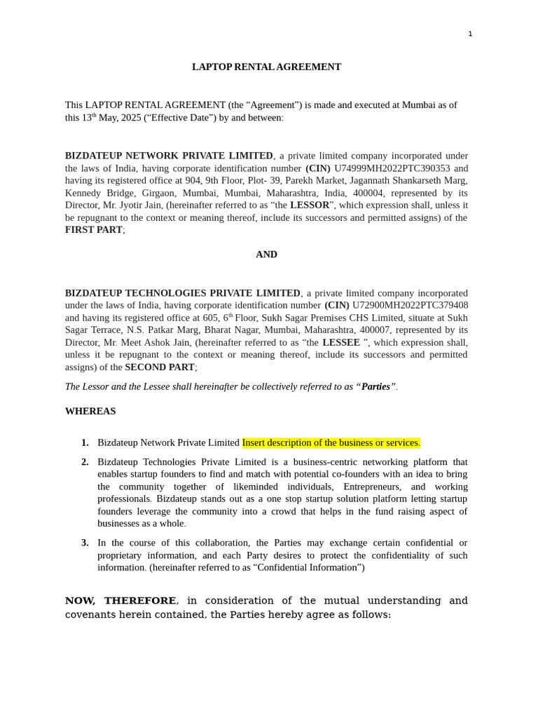 Laptop Rental Agreement Template India | PDF | Indemnity | Lease