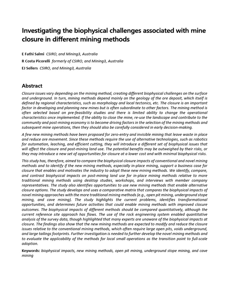 Investigating The Biophysical Challenges Associated With Mine Closure ...