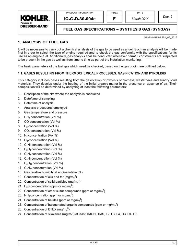 Syngas Fuel Specifications and Analysis | PDF | Methane | Ethylene