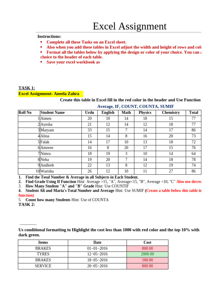 Excel Assignment for Student Practice | PDF | Microsoft Excel