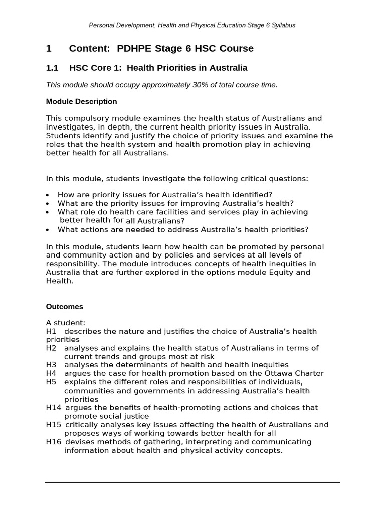 PDHPE Stage 6 HSC Syllabus Overview | PDF | Strength Training | Health ...