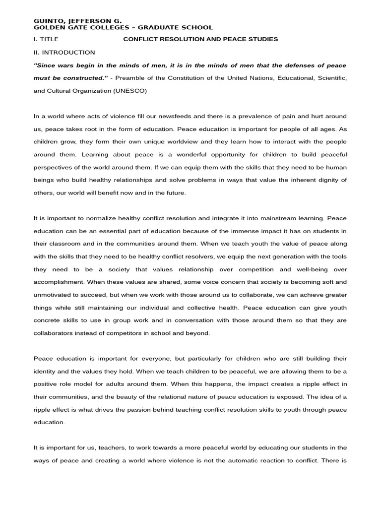 Peace Education and Conflict Resolution | PDF | Pedagogy | Conflict ...