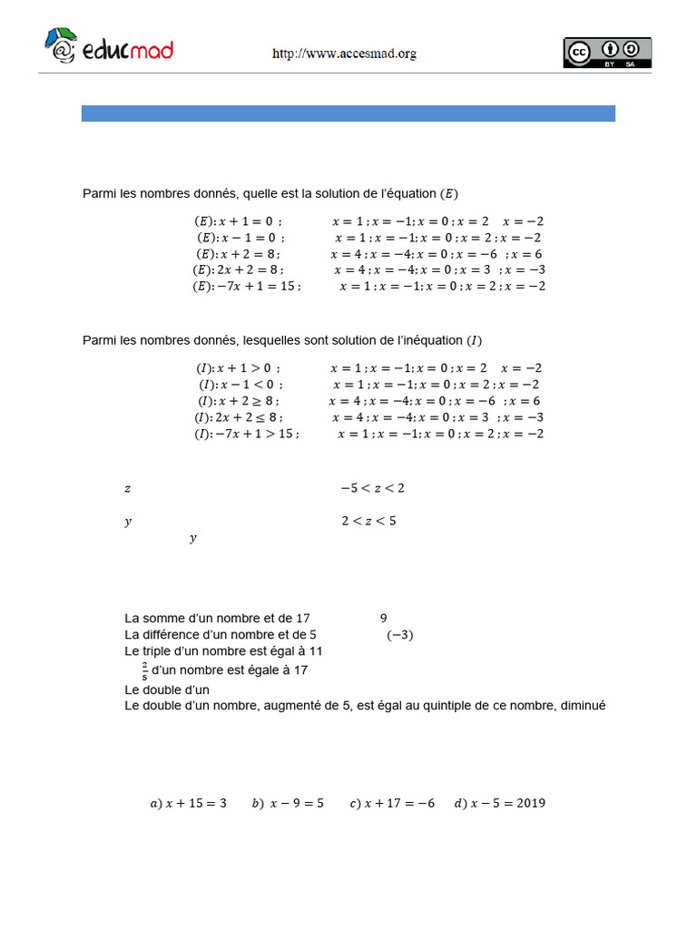 Exercices sur Équations et Inéquations | PDF | Mathématiques ...