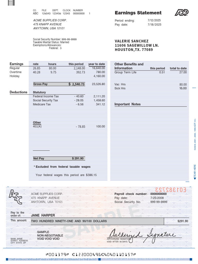 ADP Pay Stub Sample Template | PDF | Social Security (United States ...