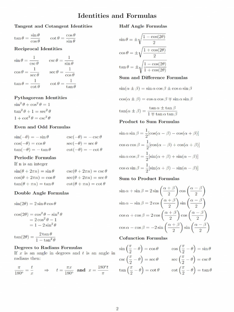 Trigonometric Formulas | PDF