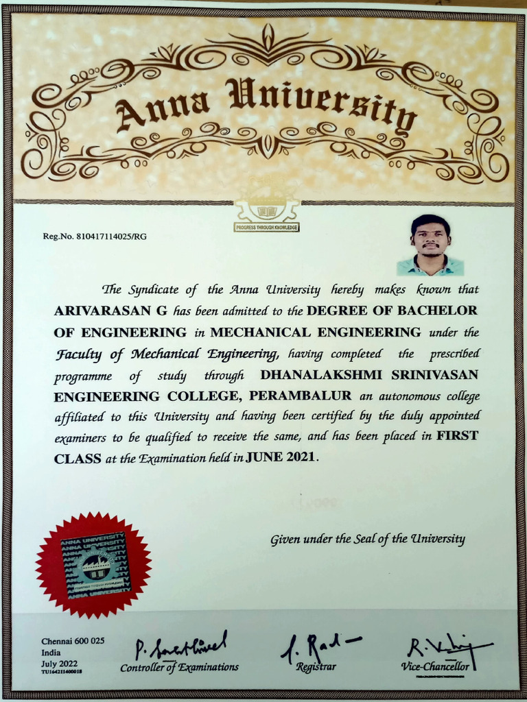B.E. Mechanical Engineering Certificate | PDF