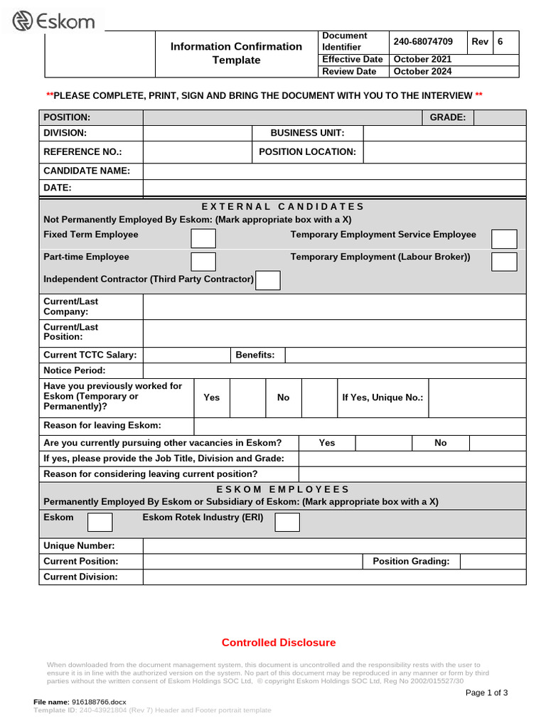 Eskom Interview Information Confirmation | PDF | Employment | Justice