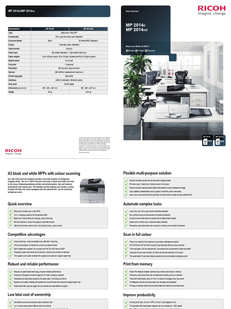 MP 2014D/AD A3 MFP Specifications | PDF | Image Scanner | Printer ...