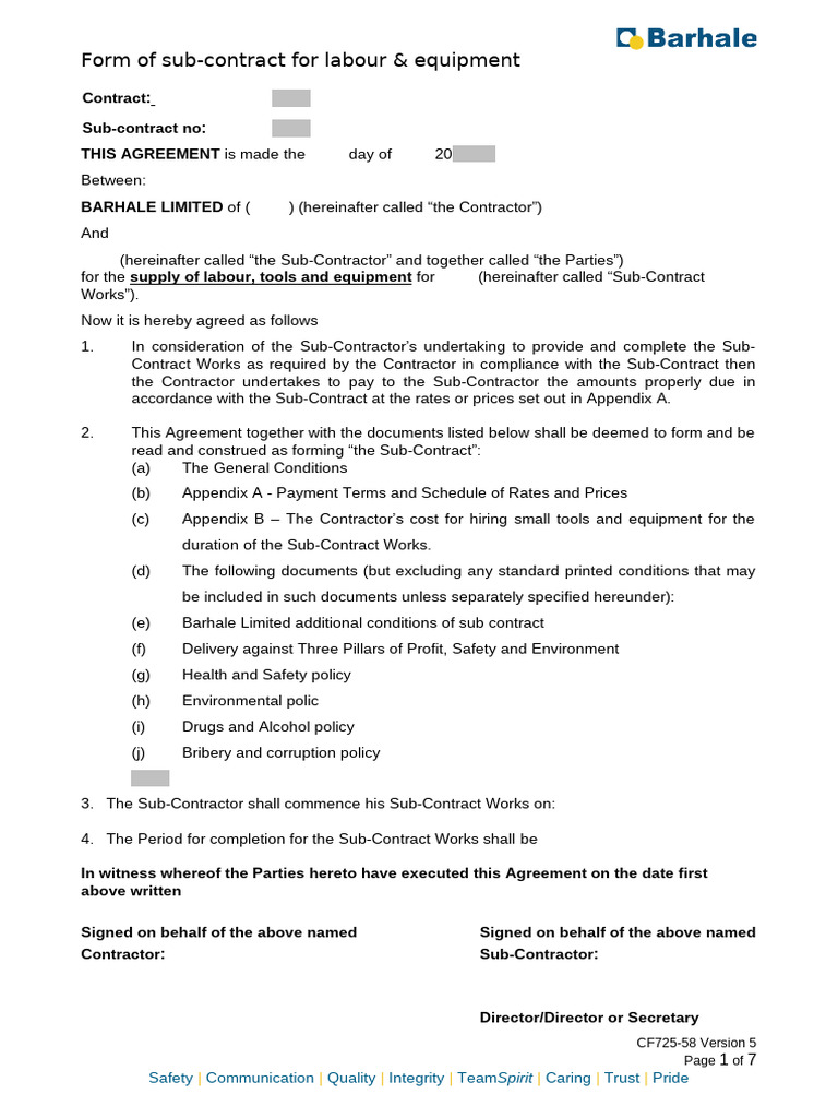 Sub-Contract Agreement for Labour & Equipment | PDF | Subcontractor ...