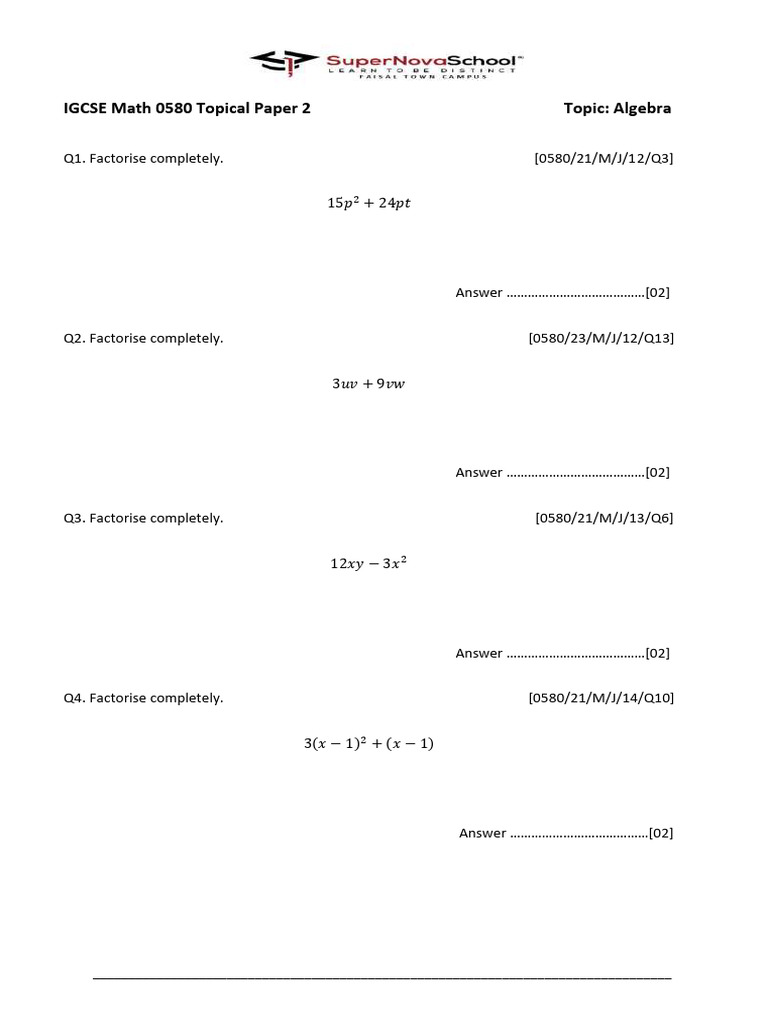 IGCSE Factorisation Worksheet | PDF