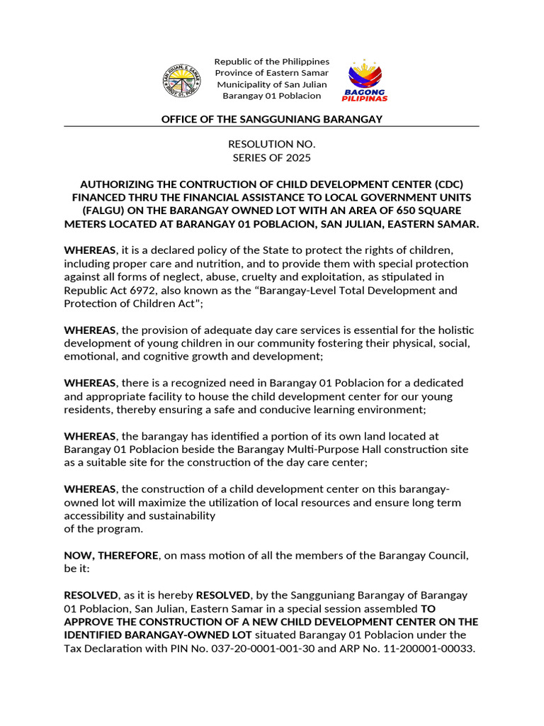Barangay Resolution for Day Care Center | PDF | Human Development | Family