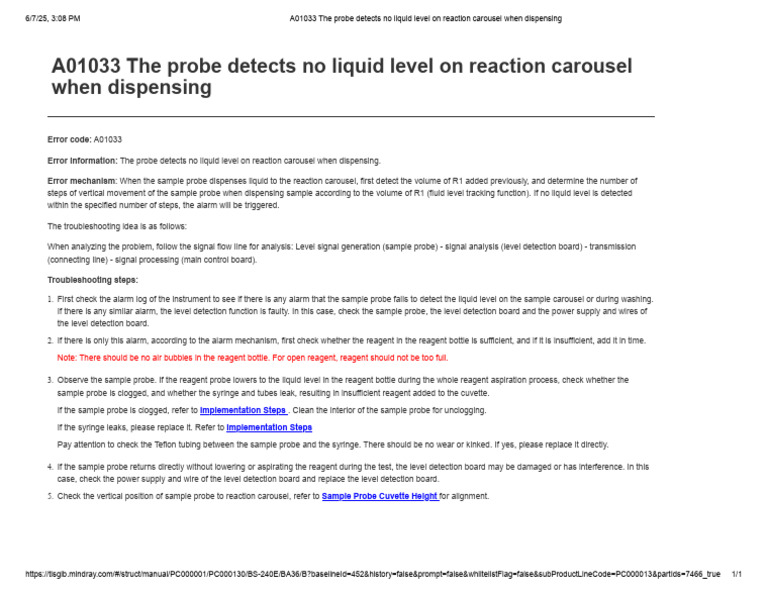 Troubleshooting A01033 Liquid Level Error | PDF
