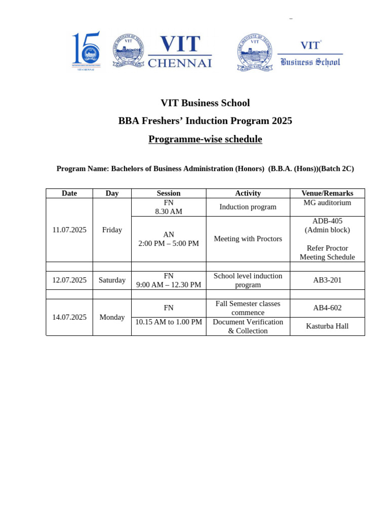 BBA Induction Program Schedule 2025 | PDF