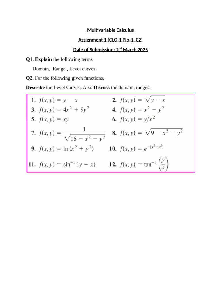 Multivariable Calculus Assignment 1 | PDF