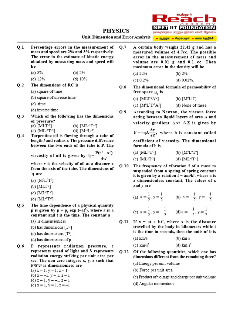P 2 unit dimension and error analysis pdf torque force