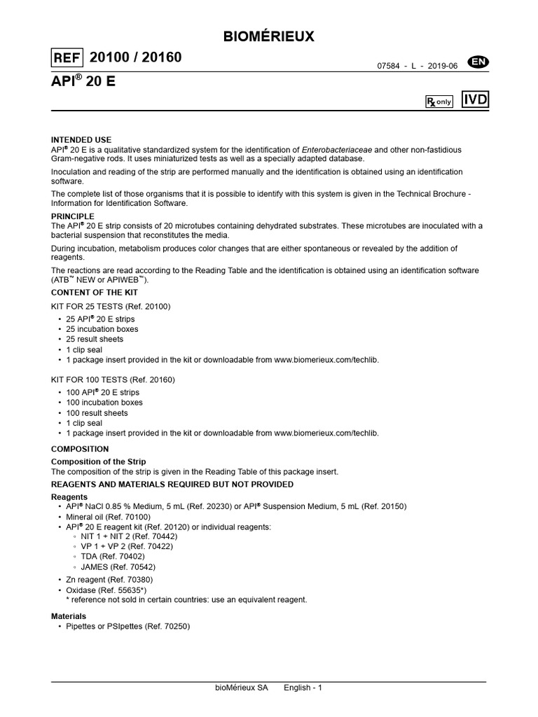 API 20 E Package Insert Overview | PDF