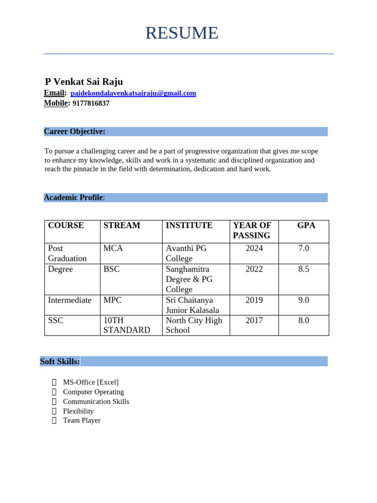 P Venkat Sai Raju Resume 2024 | PDF