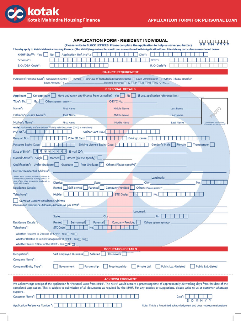 Kotak Mahindra Personal Loan Application | PDF | Identity Document | Banks