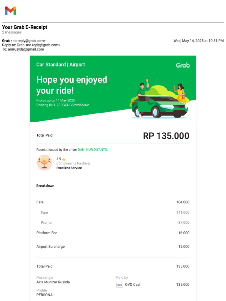Grab E-Receipt for Airport Ride | PDF