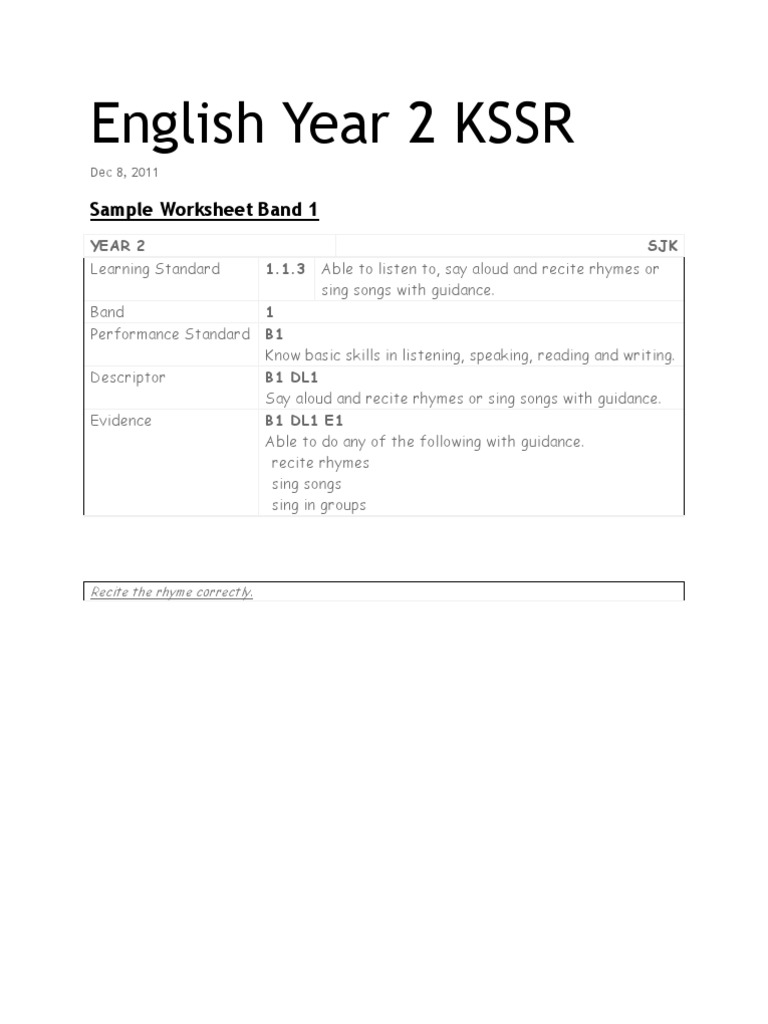English Year 2 KSSR Worksheet