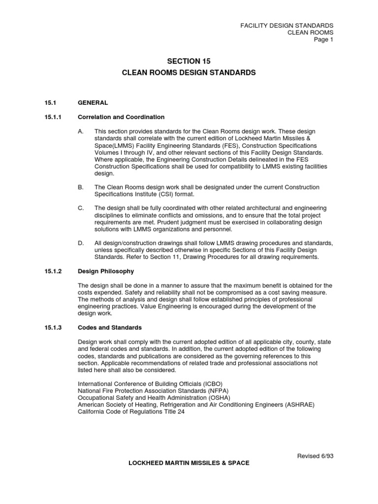 Section 15 Clean Rooms Design Standards 15.1 General 15.1.1