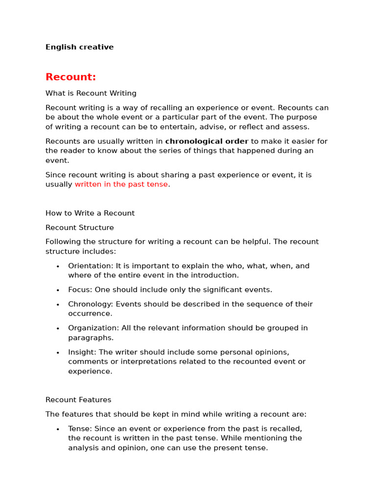 Guide to Recount Writing in English | PDF | Experience | Grammatical Tense