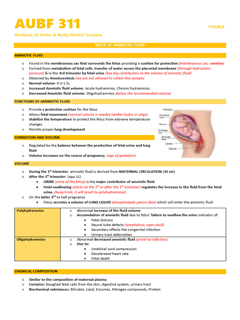 Week 13 - (Lec Aubf) Amniotic Fluid Analysis | PDF | Medical Specialties