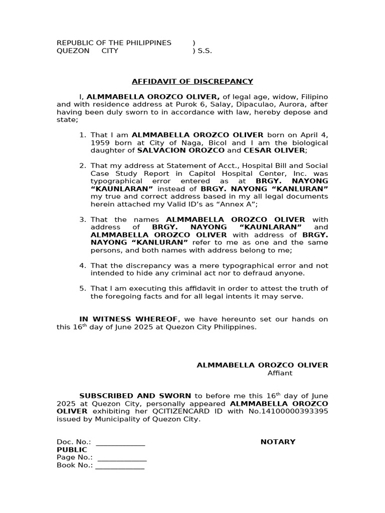 Affidavit of Discrepancy for Address Error | PDF