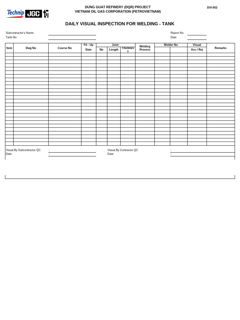 Dvi-002 Daily Visual Inspection For Welding - Tank | PDF