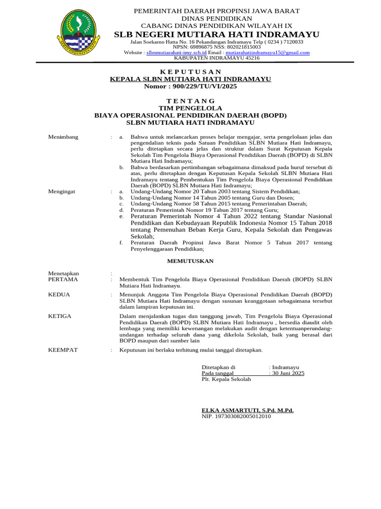 Tim Pengelola BOPD SLBN Mutiara Hati | PDF