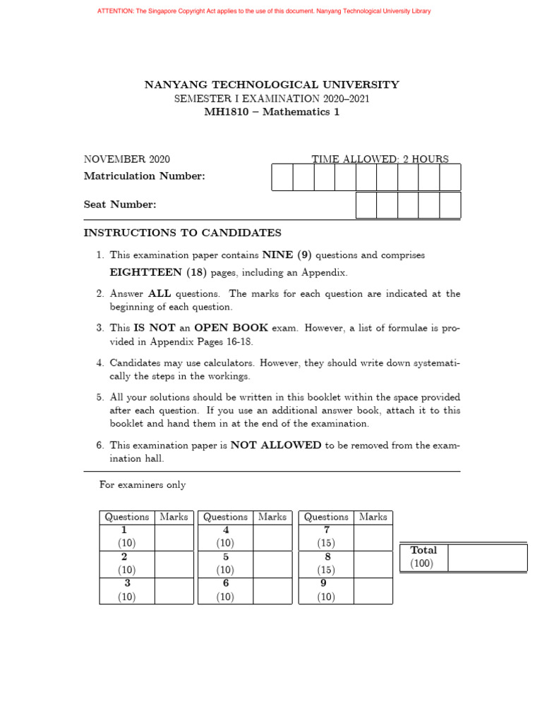 NTU MH1810 Mathematics Exam Paper 2020 | PDF