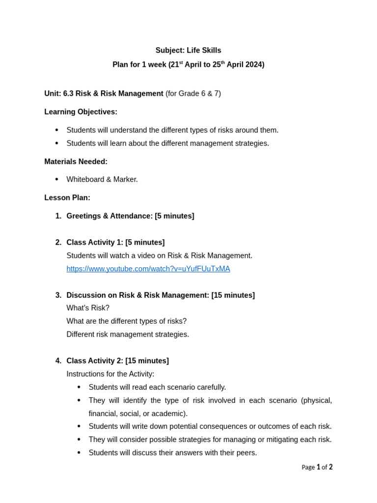 Lesson Plan 6.3 Risk & Risk Management | PDF | Risk | Risk Management