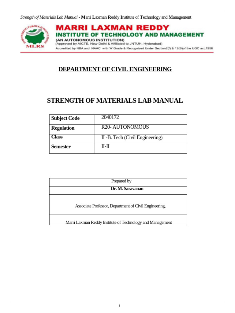 Strength of Materials Lab Manual for B.Tech | PDF | Deformation ...